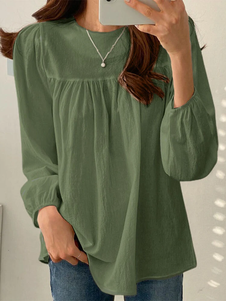 Solid Casual Keyhole Back Long Sleeve Crew Neck Blouse — view 5