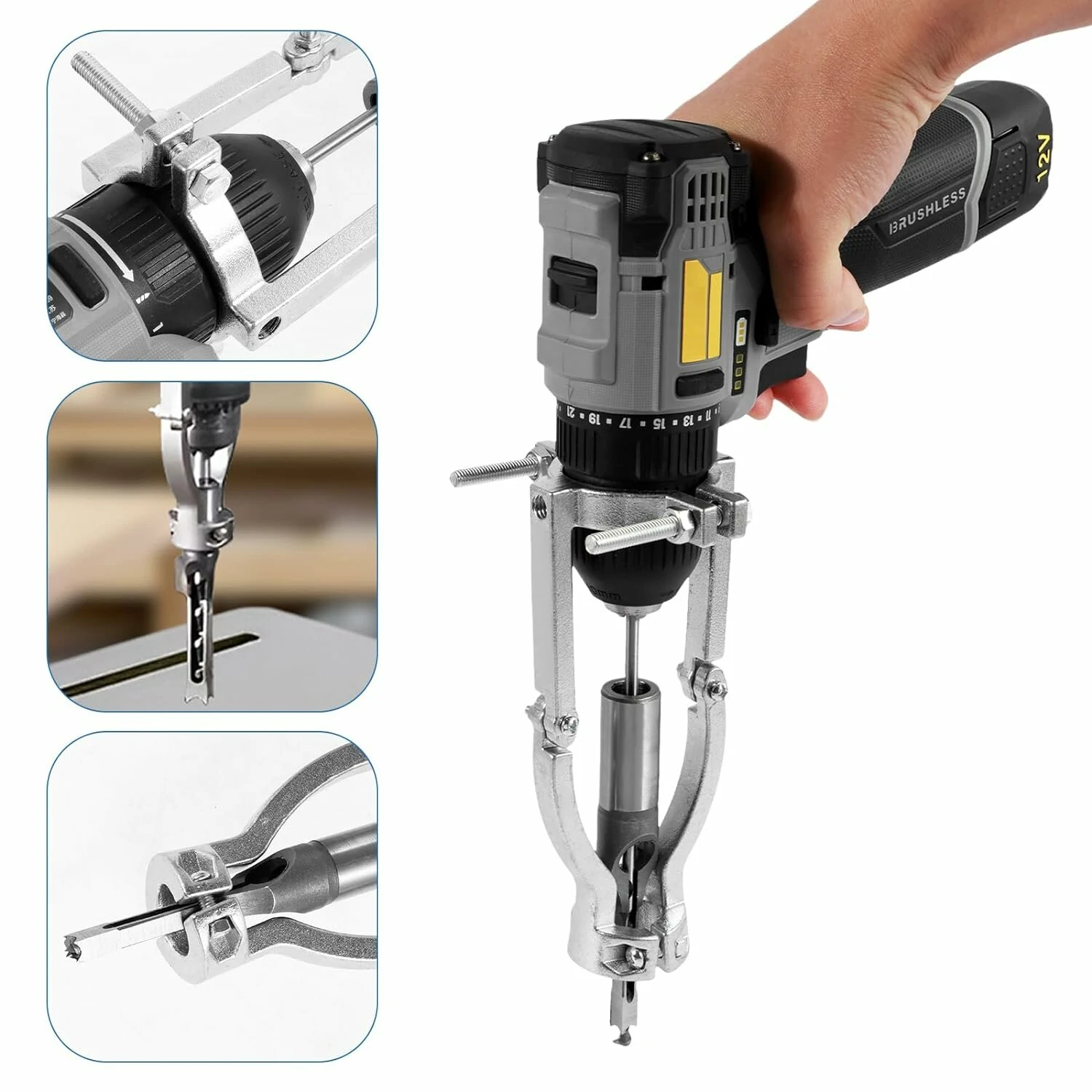 Square Hole Drill Bit Adapter with 4 Drill Bits Carbide Square Hole Drill Fixing Bracket Precise Woodworking Mortising Chisel Kit Tenon Drill Bits Fixing Bracket Accessory for Bench Drill — view 2