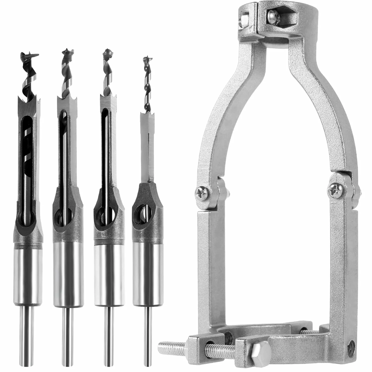 Square Hole Drill Bit Adapter with 4 Drill Bits Carbide Square Hole Drill Fixing Bracket Precise Woodworking Mortising Chisel Kit Tenon Drill Bits Fixing Bracket Accessory for Bench Drill — view 3