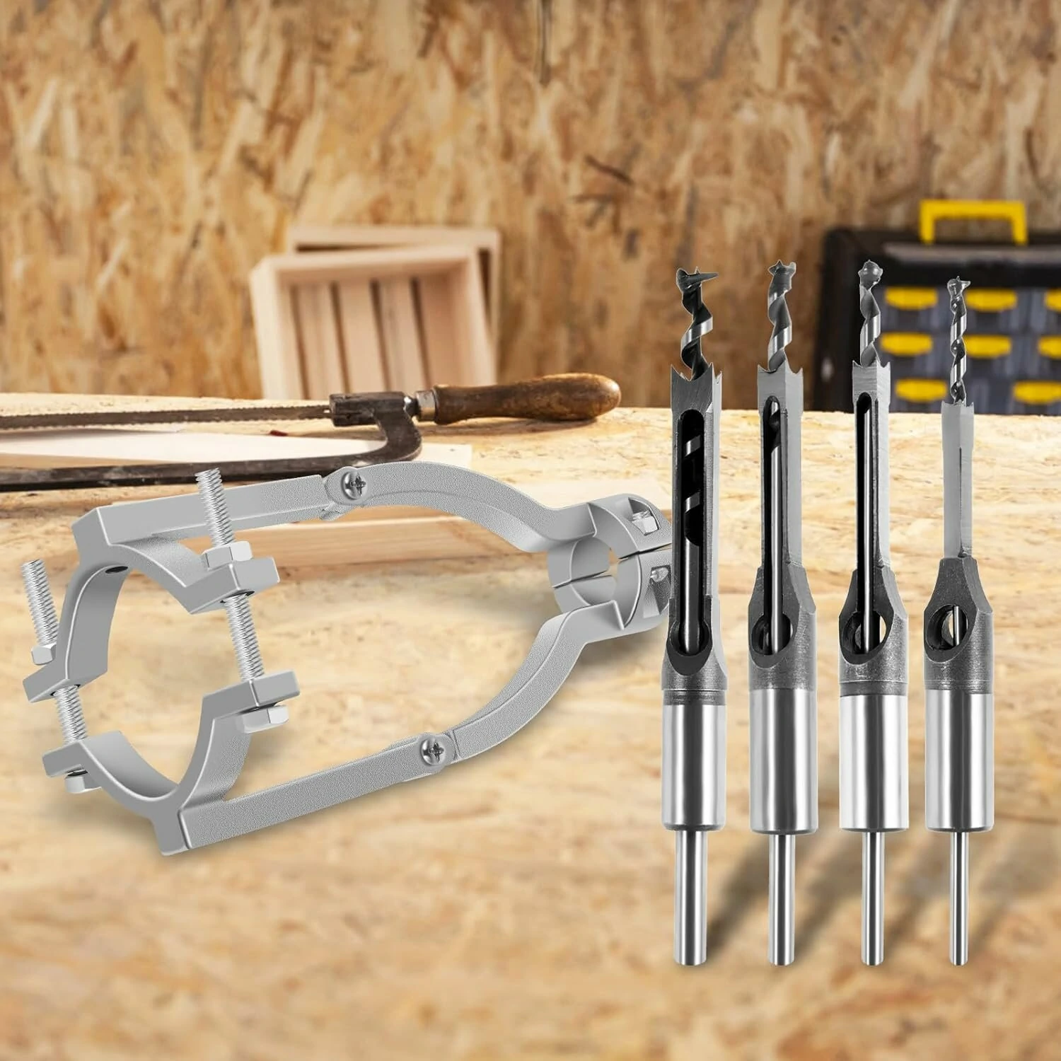 Square Hole Drill Bit Adapter with 4 Drill Bits Carbide Square Hole Drill Fixing Bracket Precise Woodworking Mortising Chisel Kit Tenon Drill Bits Fixing Bracket Accessory for Bench Drill — view 6