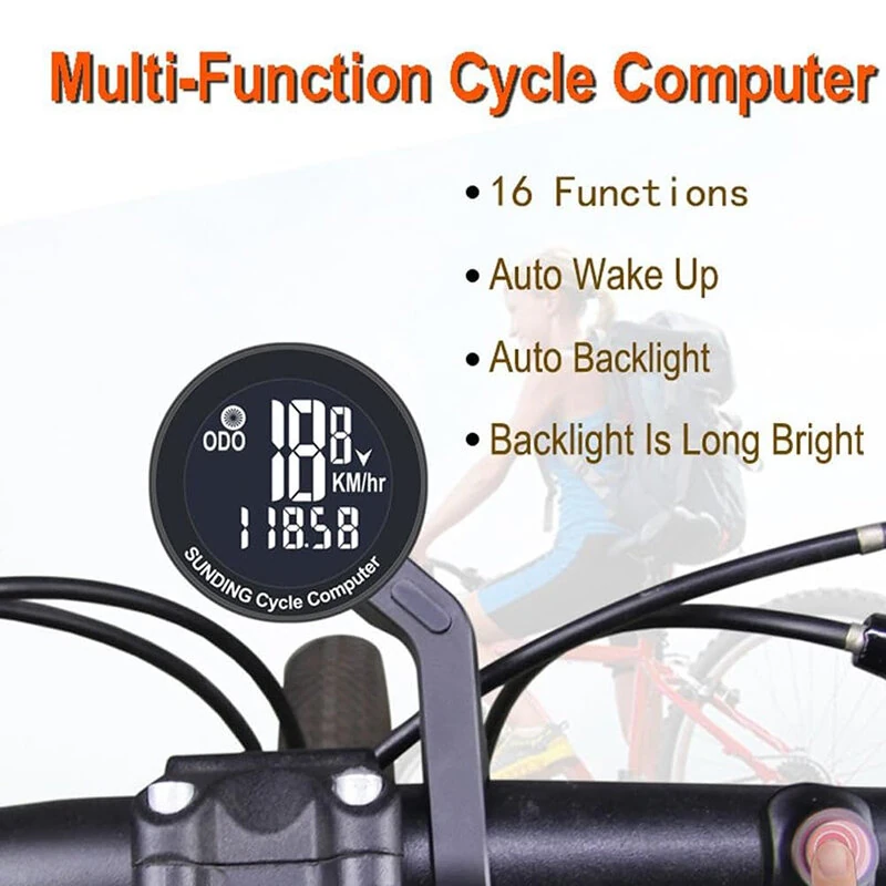 SunDing Wireless Bicycle Computer 16 Functions Waterproof Automatic Backlight Sensor Bike Speedometer Bicycle Odometer Stopwatch with Remote Control for MTB Road Cycle — view 4