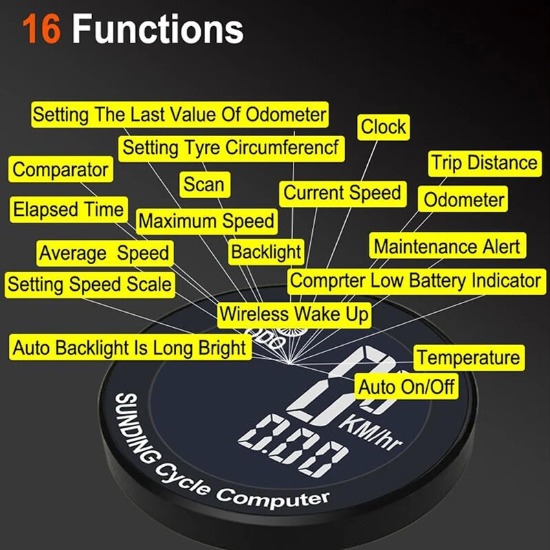 SunDing Wireless Bicycle Computer 16 Functions Waterproof Automatic Backlight Sensor Bike Speedometer Bicycle Odometer Stopwatch with Remote Control for MTB Road Cycle — view 6