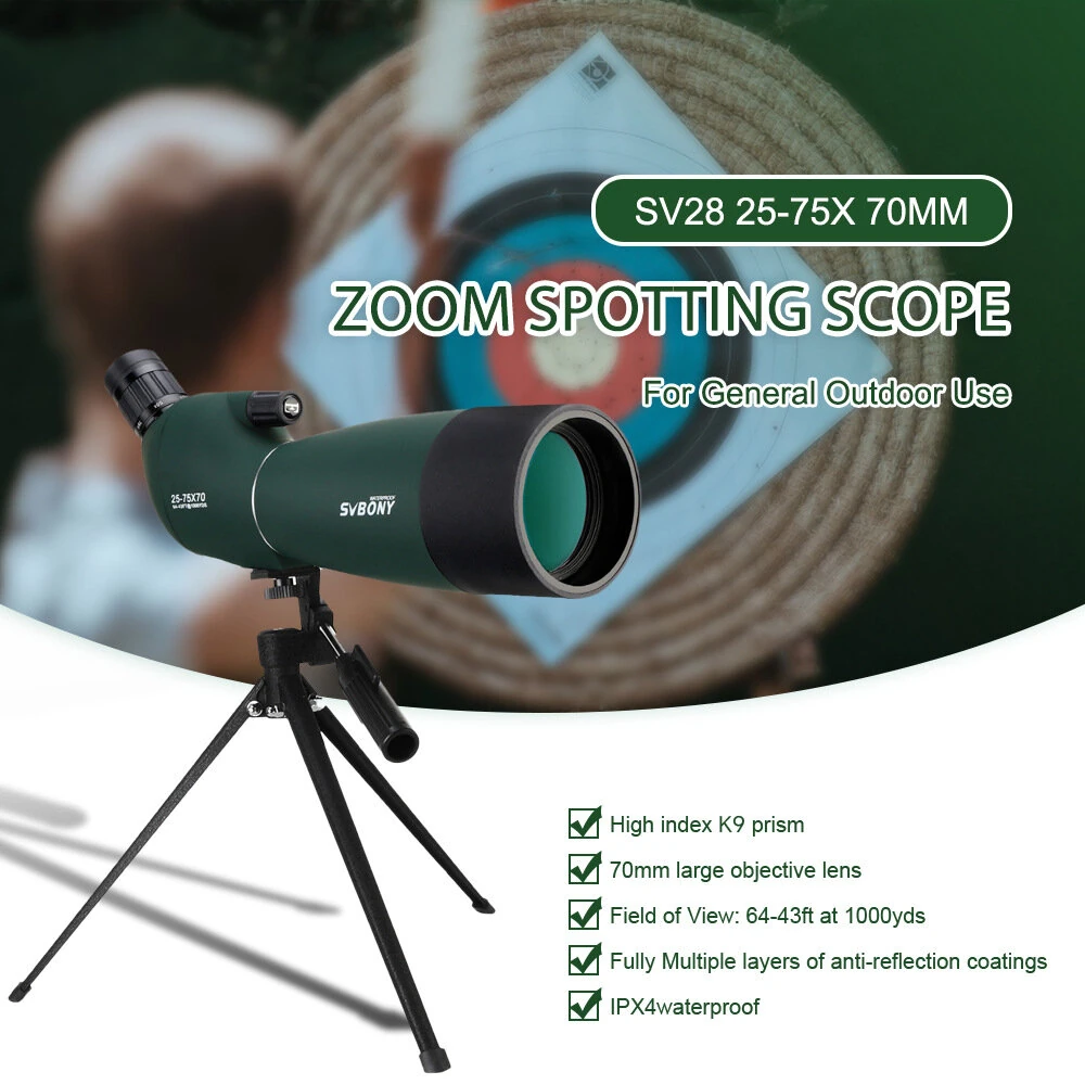 SvbonySV28 Spotting Scope 25x-75x Wide Zoom Range 70mm Large Aperture K9Porro High-Index 45° Angle Eyepiece Dynamic Focus IPX4 Waterproof Portable Telescope for Birdwatching Camping — view 2