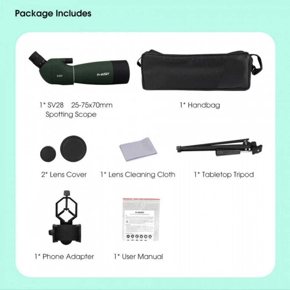 SvbonySV28 Spotting Scope 25x-75x Wide Zoom Range 70mm Large Aperture K9Porro High-Index 45° Angle Eyepiece Dynamic Focus IPX4 Waterproof Portable Telescope for Birdwatching Camping — view 7