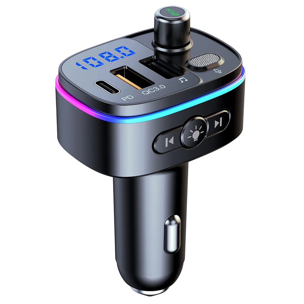 T65 bluetooth V5.0 FM Transmitter 18W PD + QC3.0 USB Car Charger 9 Colors Atmosphere Lights Siri Voice Control Hands-free Calls Digital Display Wireless Radio Adapter Music Play Car Kit — view 2