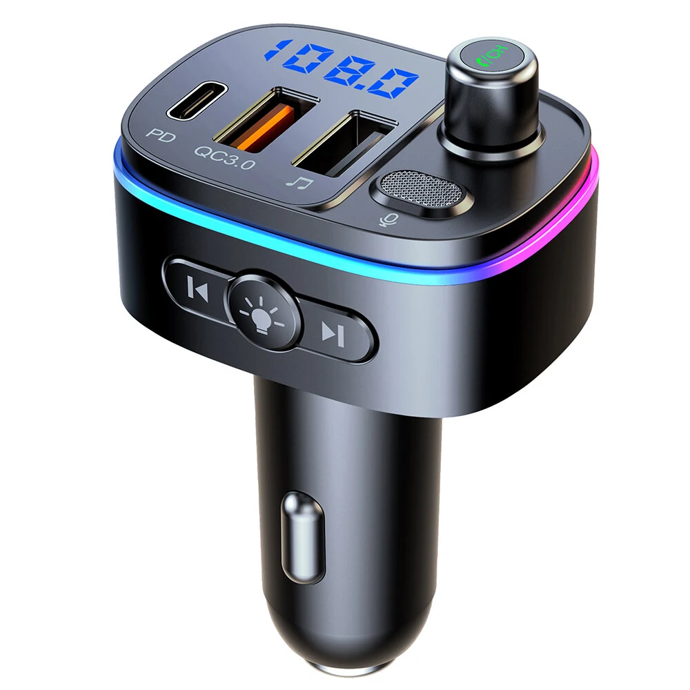 T65 bluetooth V5.0 FM Transmitter 18W PD + QC3.0 USB Car Charger 9 Colors Atmosphere Lights Siri Voice Control Hands-free Calls Digital Display Wireless Radio Adapter Music Play Car Kit — view 3