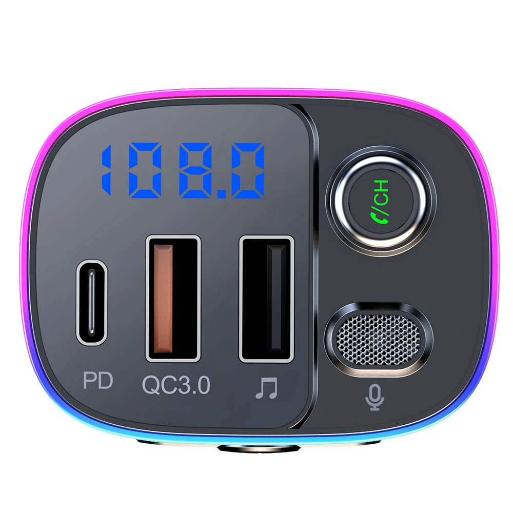 T65 bluetooth V5.0 FM Transmitter 18W PD + QC3.0 USB Car Charger 9 Colors Atmosphere Lights Siri Voice Control Hands-free Calls Digital Display Wireless Radio Adapter Music Play Car Kit — view 6