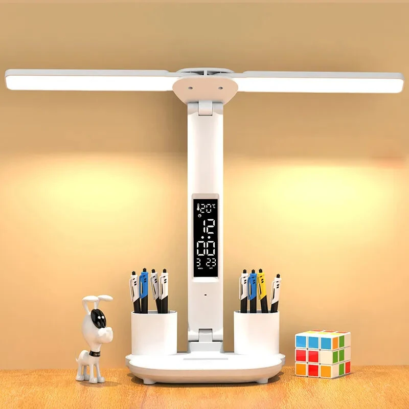 Table Lamp LED Double-headed Multifunction Foldable Touch With Calendar Clock USB Desk Lamp For Bedroom Bedside Reading Light — view 2