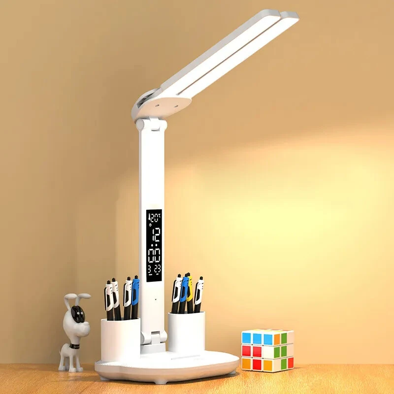 Table Lamp LED Double-headed Multifunction Foldable Touch With Calendar Clock USB Desk Lamp For Bedroom Bedside Reading Light — view 3