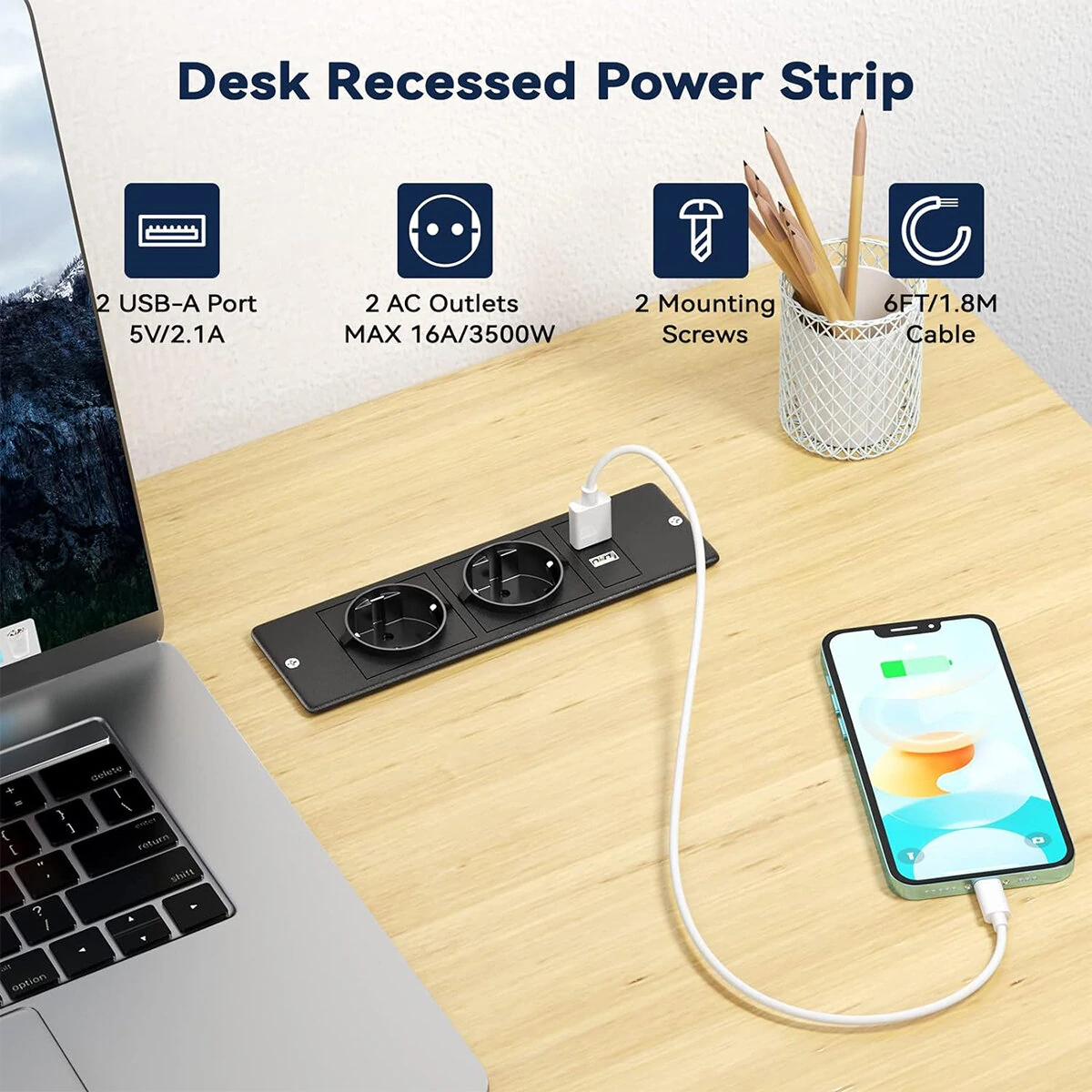 Table Socket with 2 USB 2 Sockets Built-in Socket 2-Way Installation Power Strip with 2 Screws for Kitchen Furniture or Worktops Recessed Socket 1.8 Cable16 A/3500 W — view 4