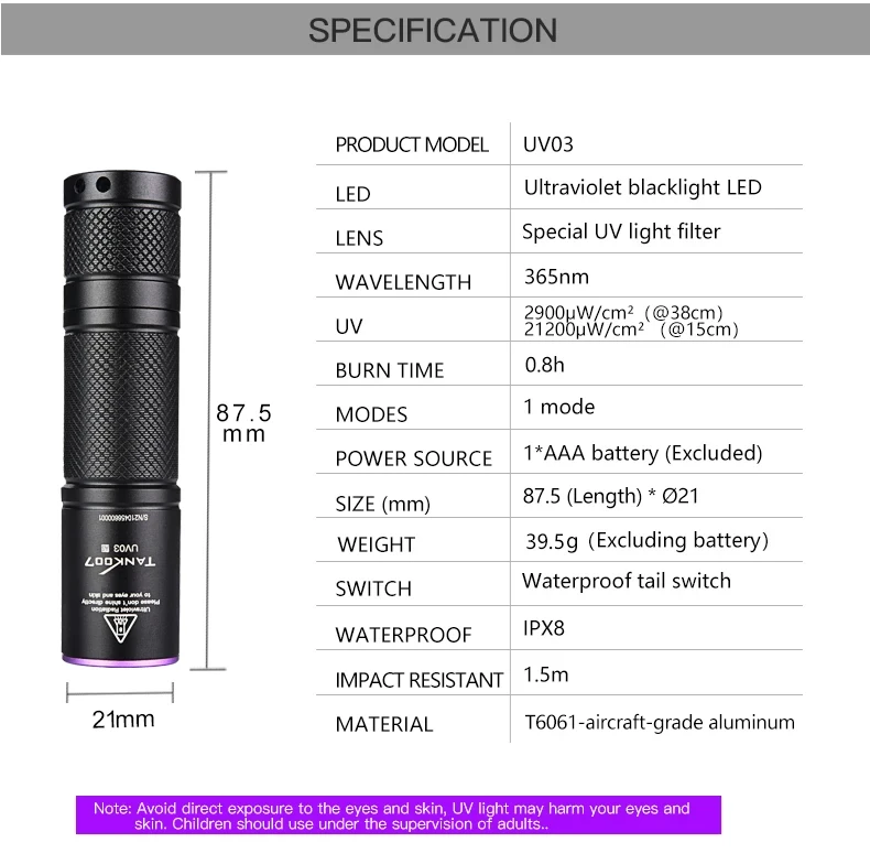 TANK007 UV03 High Power UV 365nm LED Flashlight NDT EDC Portable Blacklight Powerful Torch Detector — view 10