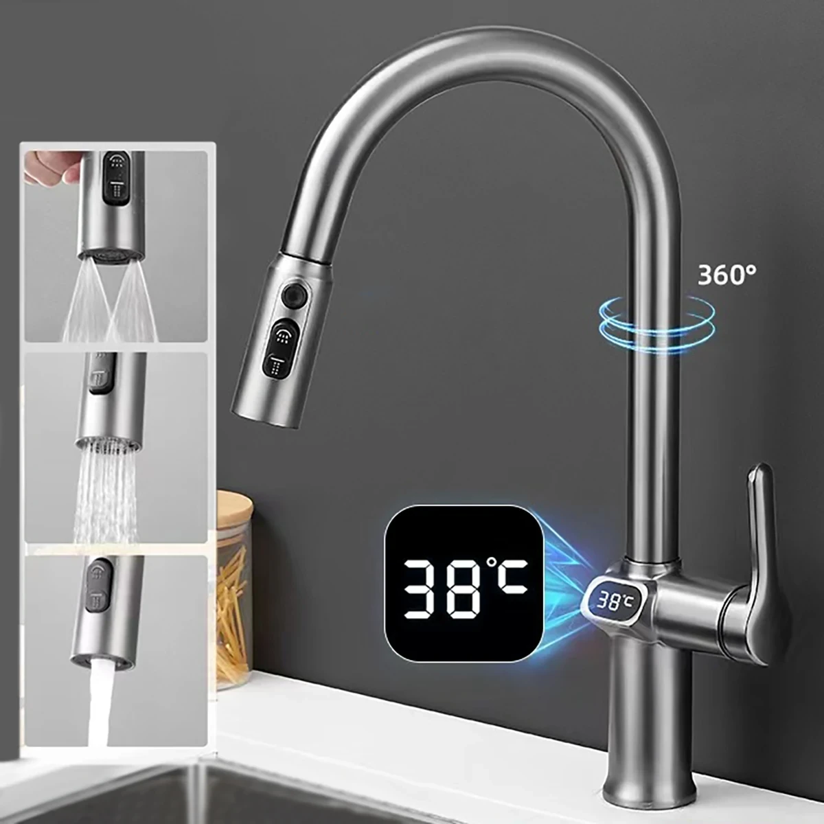 Temperature Digital LCD Display Pull Out Faucet Kitchen Single Handle Kitchen Sink Rotation Mixer Sprayer Hot And Cold Water Taps — Temperature