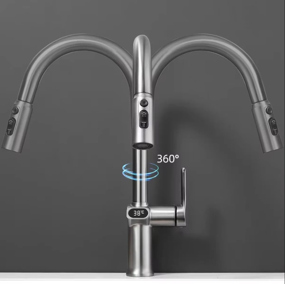 Temperature Digital LCD Display Pull Out Faucet Kitchen Single Handle Kitchen Sink Rotation Mixer Sprayer Hot And Cold Water Taps — view 3