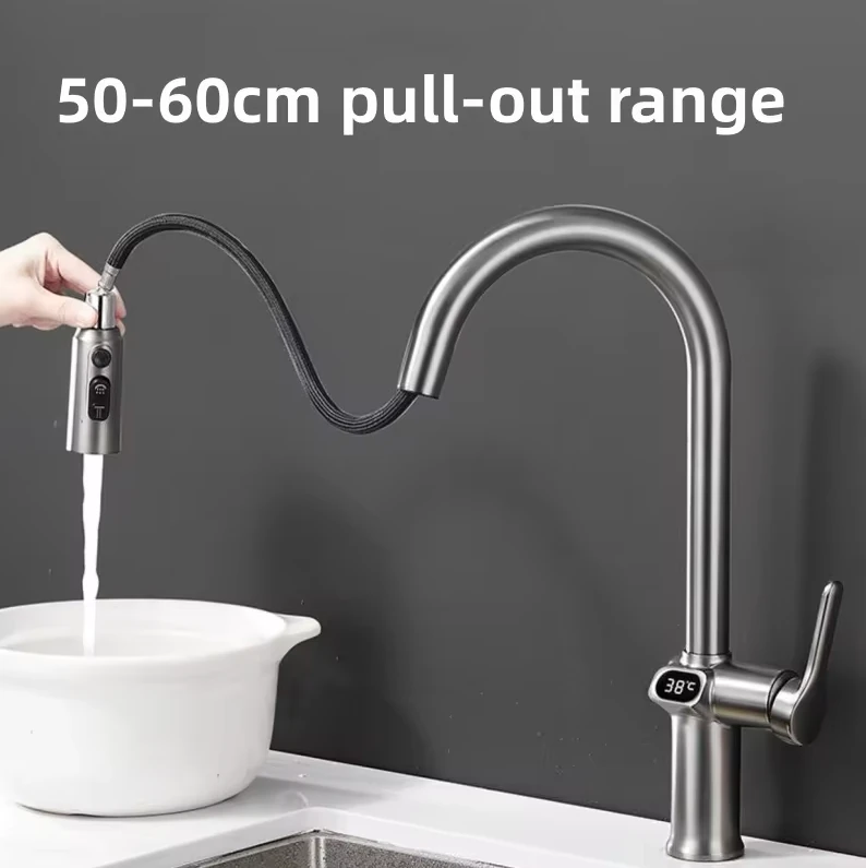 Temperature Digital LCD Display Pull Out Faucet Kitchen Single Handle Kitchen Sink Rotation Mixer Sprayer Hot And Cold Water Taps — view 4