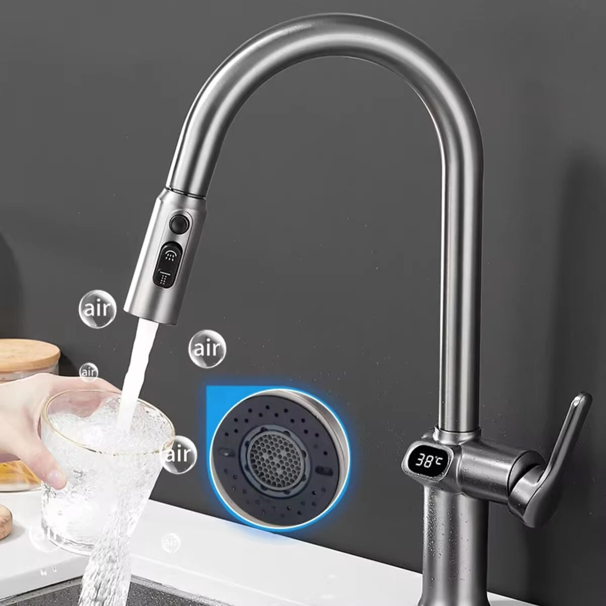 Temperature Digital LCD Display Pull Out Faucet Kitchen Single Handle Kitchen Sink Rotation Mixer Sprayer Hot And Cold Water Taps — view 5