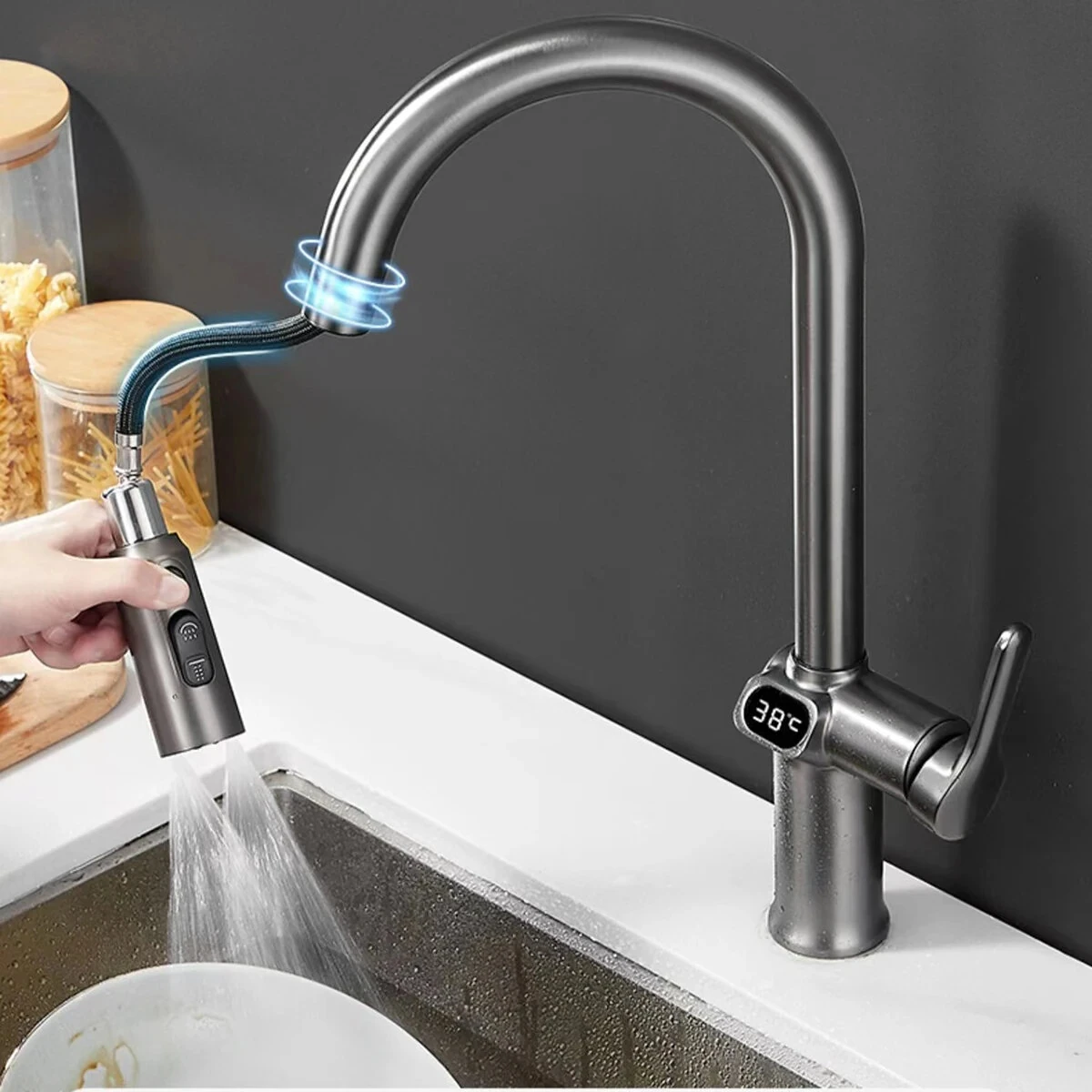 Temperature Digital LCD Display Pull Out Faucet Kitchen Single Handle Kitchen Sink Rotation Mixer Sprayer Hot And Cold Water Taps — view 6