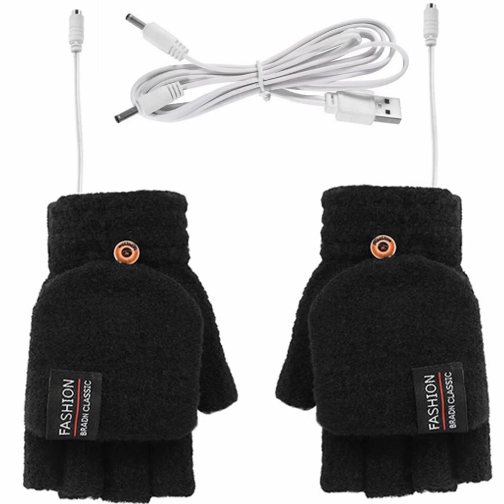 TENGOO 1Pair Winter Half-finger USB Electric Heated Gloves Double-sided Heating Flip-top Gloves for Winter Outdoor Skiing
