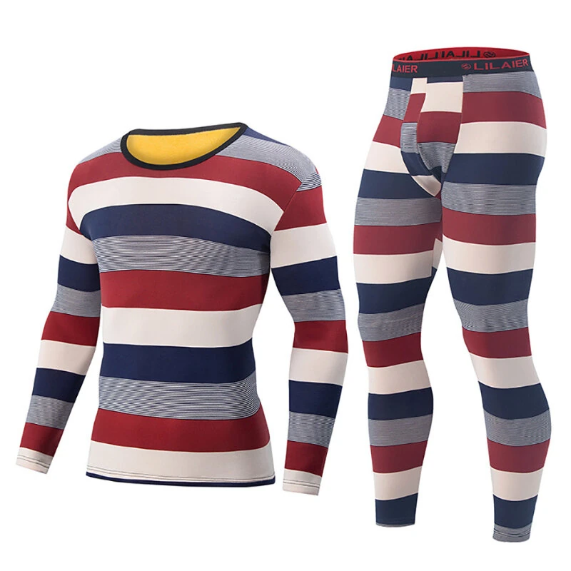 TENGOO 2 Pcs Men's Striped Thermal Underwear, Compression Thermal Base Layer Set, Comfy Moisture Wicking & Breathable Basic Long Sleeve & Leggings Casual Men Warm Underwear Set, Long Johns Set, Men's Thermal Clothing — view 3