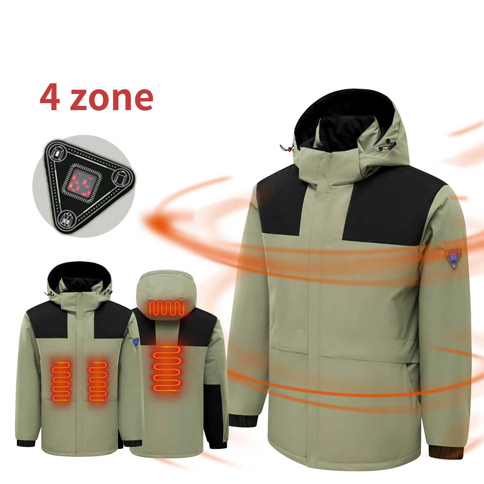 TENGOO HJ-04G 4 Heating Areas Jacket Windbreaker Unisex 3-Gear Thermal High Neck Hooded Coat Windproof Comfy Outerwear for Winter Hiking Outdoor Sport