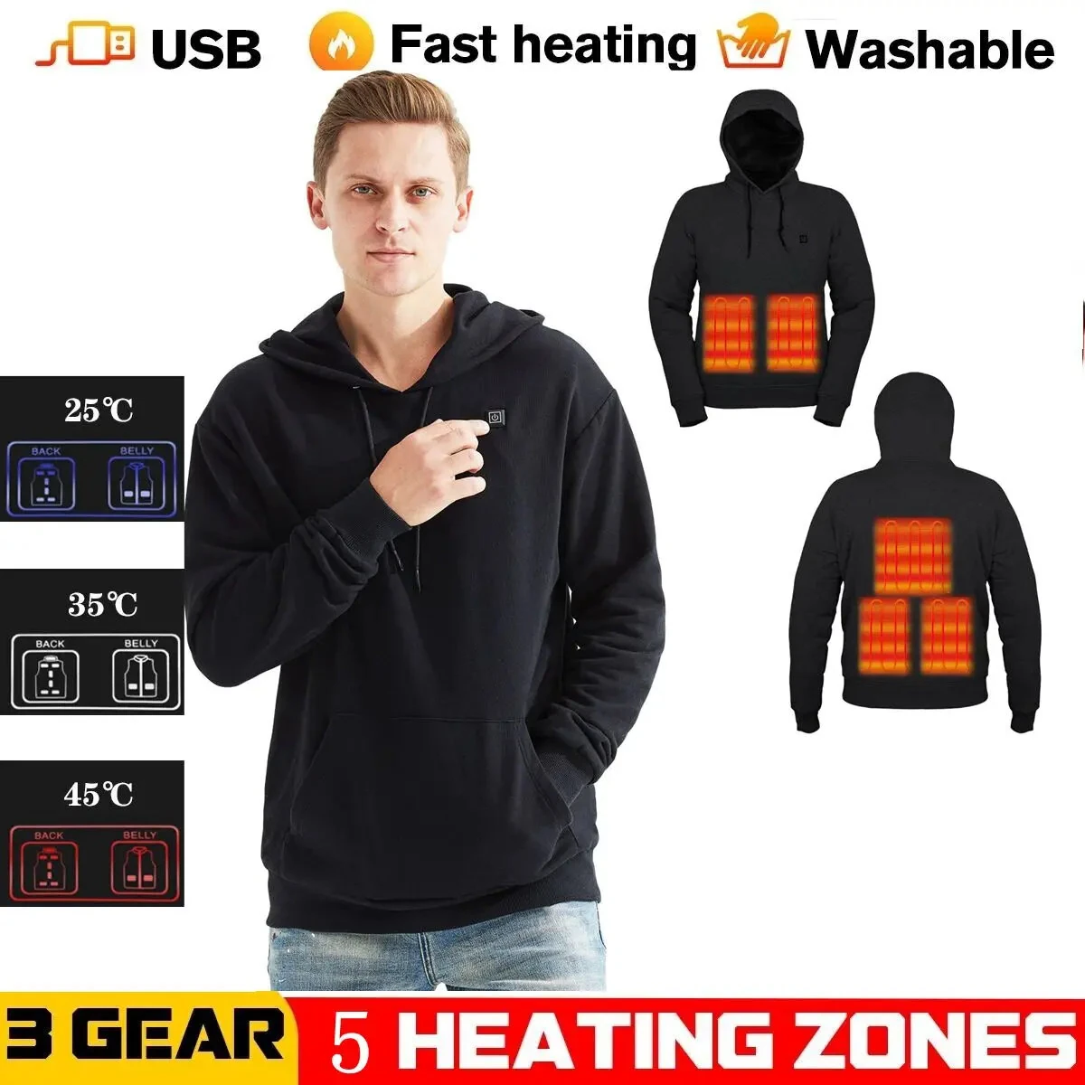TENGOO HS05B Smart Heated Sweatshirt 5 Heating Areas Quick Heating USB Rechargeable Washable Safety Fashion Oversize Jacket for Winter Outdoors Keep Warm — view 3