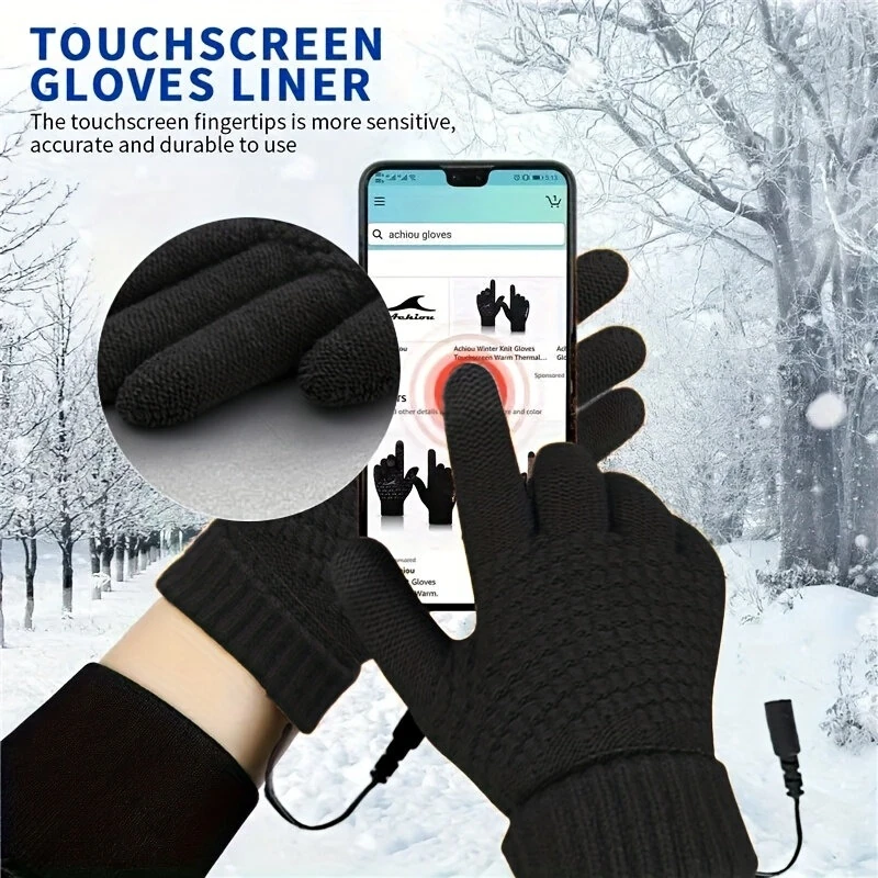 TENGOO Knitted USB Heated Gloves Touch Screen Compatible 40-50°C Adjustable Warmth Removable Heating Pad Flexible Cable Thermal Winter Gloves — view 3