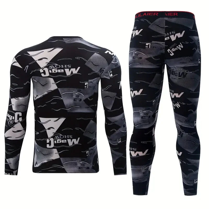 TENGOO Men's Thermal Set, Long Johns Set, 2 Pcs Letter Print Compression Thermal Base Layer Set, Moisture Wicking & Breathable Basic Long Sleeve & Leggings Men Warm Underwear Set, Men's thermal clothing For Outdoor Skiing Running — view 3