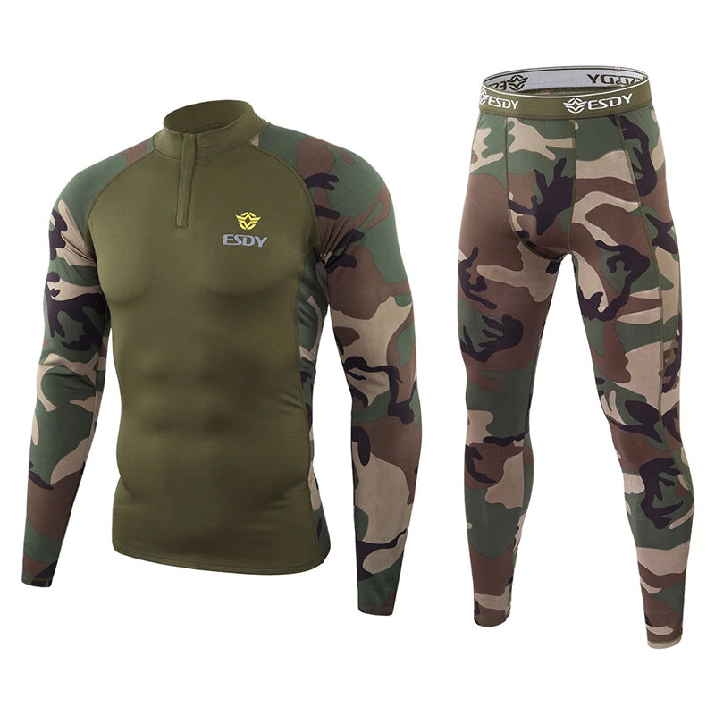 TENGOO Outdoor Sports Mens Camouflage Underwear Set Camo Training Long Sleeve Tops + Pants Suit Fitness Camping Hiking Hunting Underwear Clothes for Men — view 2