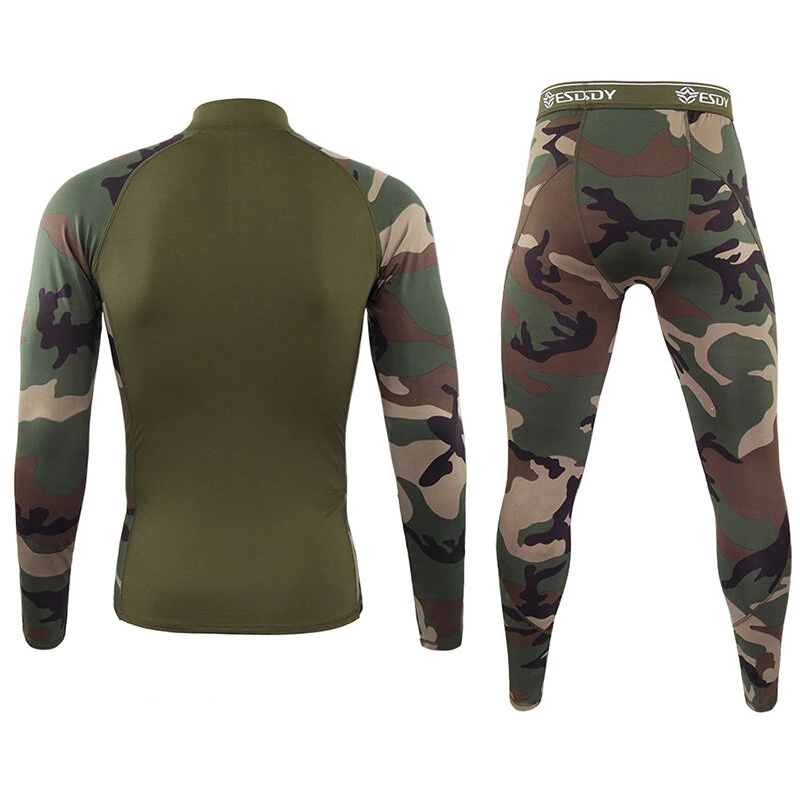 TENGOO Outdoor Sports Mens Camouflage Underwear Set Camo Training Long Sleeve Tops + Pants Suit Fitness Camping Hiking Hunting Underwear Clothes for Men — view 6