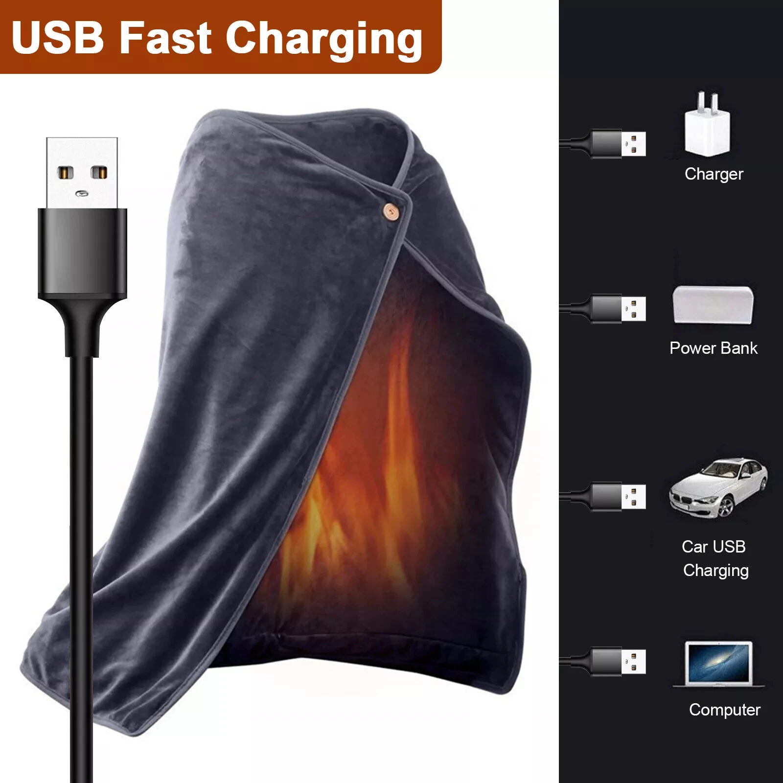 TENGOO USB Electric Heated Shawl 100*70cm Soft Flannel Heated Wrap Blanket Winter Wearable Fast Heating Electric Throw Blanket for Office Outdoor Camping — view 6