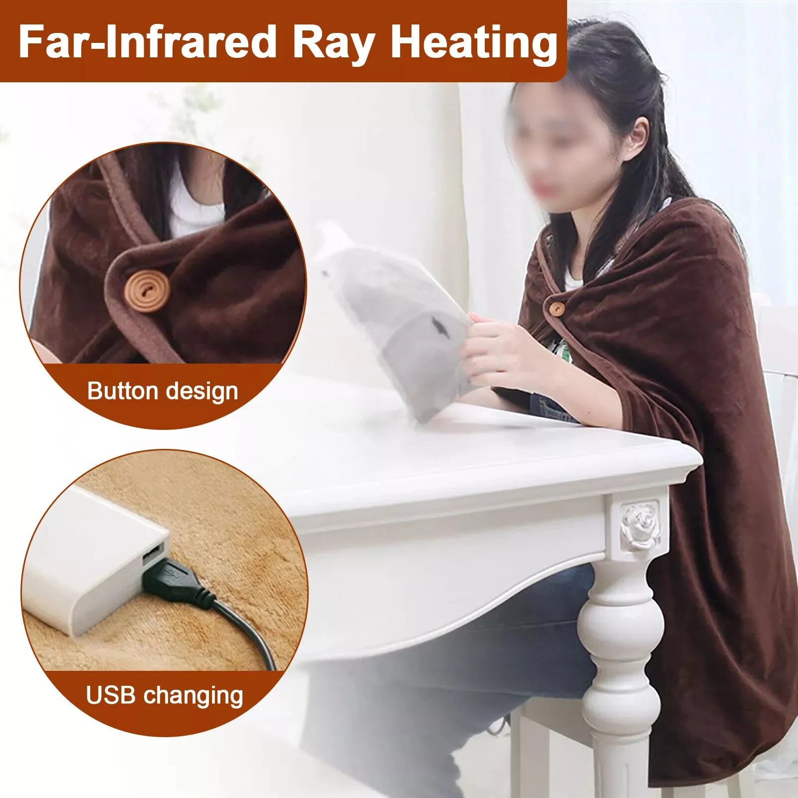 TENGOO USB Electric Heated Shawl 100*70cm Soft Flannel Heated Wrap Blanket Winter Wearable Fast Heating Electric Throw Blanket for Office Outdoor Camping — view 7