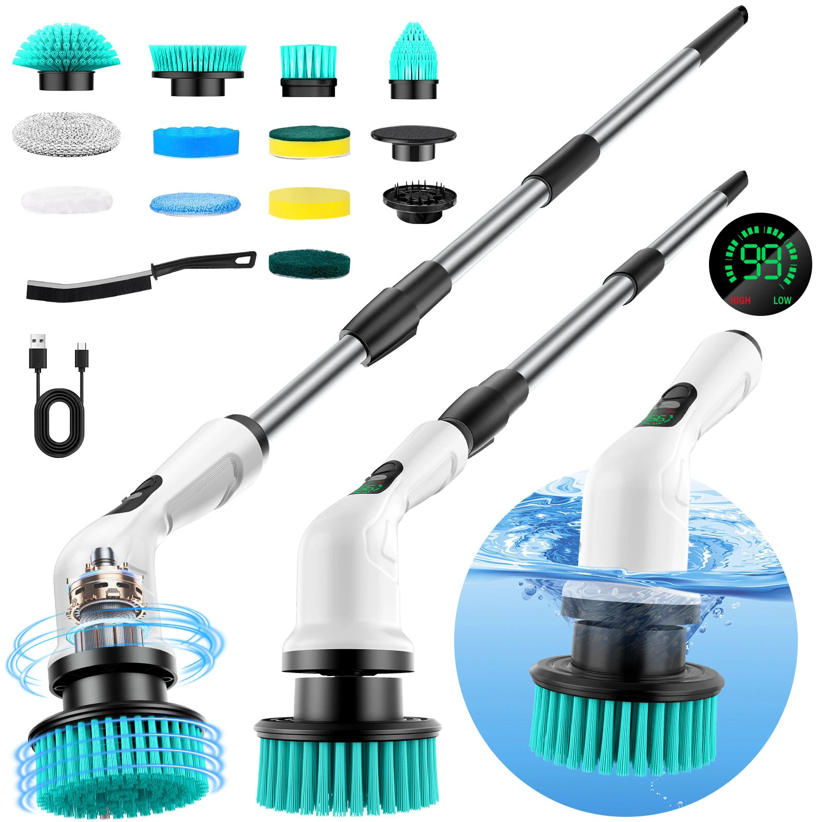 Tevorex 12-in-1 Cordless Electric Power Scrubber, Adjustable Telescopic Handle, 430RPM Motor, Type-C Charging, for Tile, Grout, Bathroom & Kitchen — view 2