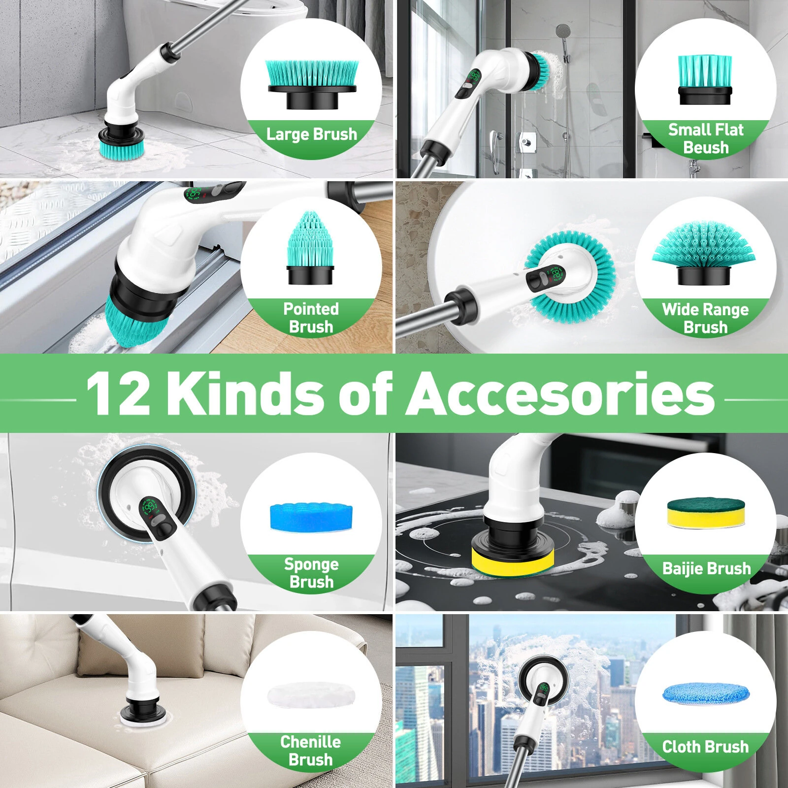 Tevorex 12-in-1 Cordless Electric Power Scrubber, Adjustable Telescopic Handle, 430RPM Motor, Type-C Charging, for Tile, Grout, Bathroom & Kitchen — view 5