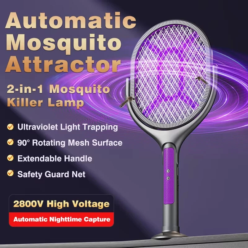 Tevorex 5-In-1 Telescopic Electric Mosquito Racket Mosquito Killer UV Utilizes 90° Rotating Auto Capture Folding Fly Swatter USB Rechargeable with Dual Safety Switches — view 3