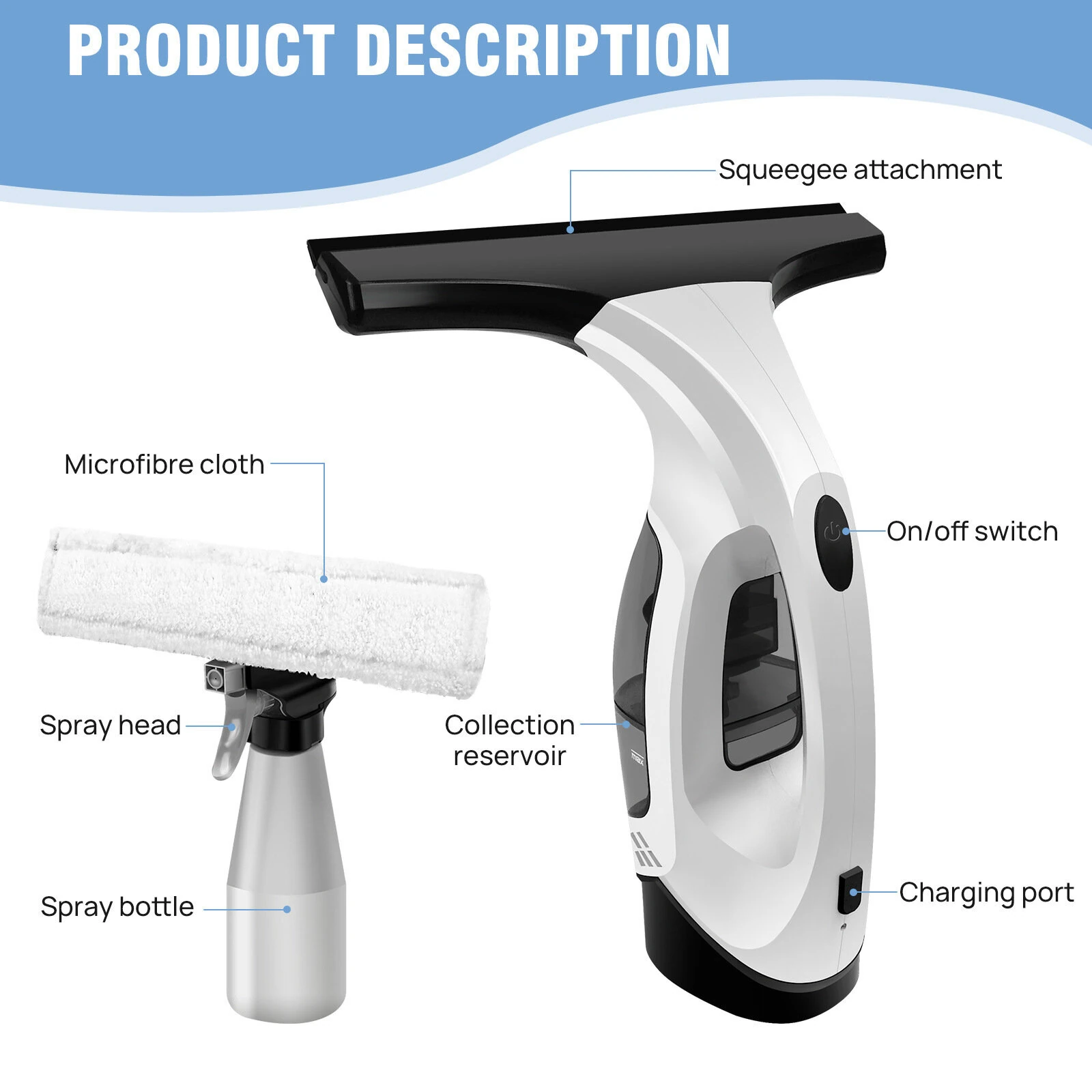 Tevorex Multifunctional Electric Cordless Window Cleaner Machine White Cordless Rechargeable Automatic Portable Glass Cleaner Tools — view 7
