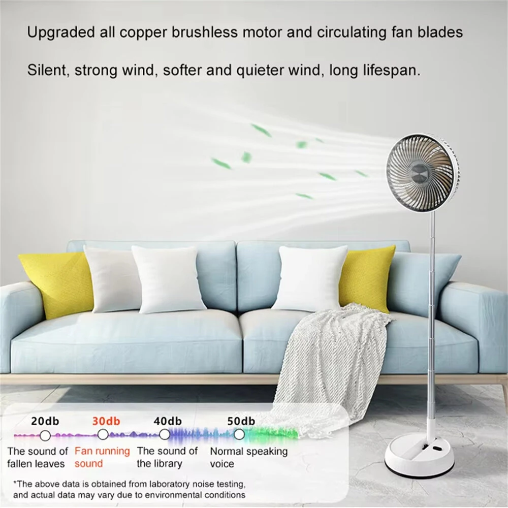 Tevorex Portable Multifunction Oscillating Standing Fan with Three Speed Timing Remote Controller Foldable Desk Fan Rechargeable Battery Powered Pedestal Fan for Bedroom Office Camping — view 3