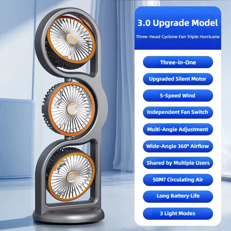 Tevorex Three Head Desktop Portable Fan 360°Rotation Oscillation Multi-Angle Adjustment USB Rechargeable Cooling Efficiency Silent Fan for Home Office — view 2