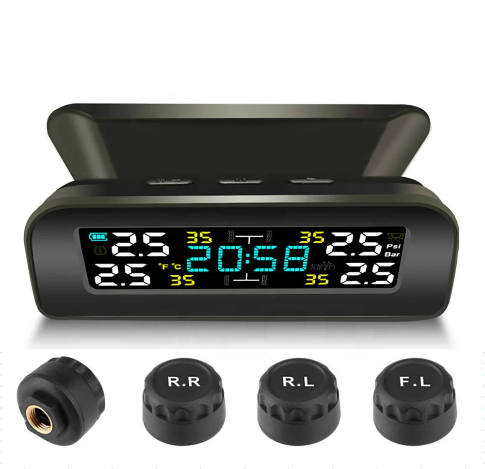Tire Pressure Monitoring System Solar Clock LCD Display Car TPMS Wireless Tire Pressure Monitoring with 4 External Sensors — Tire
