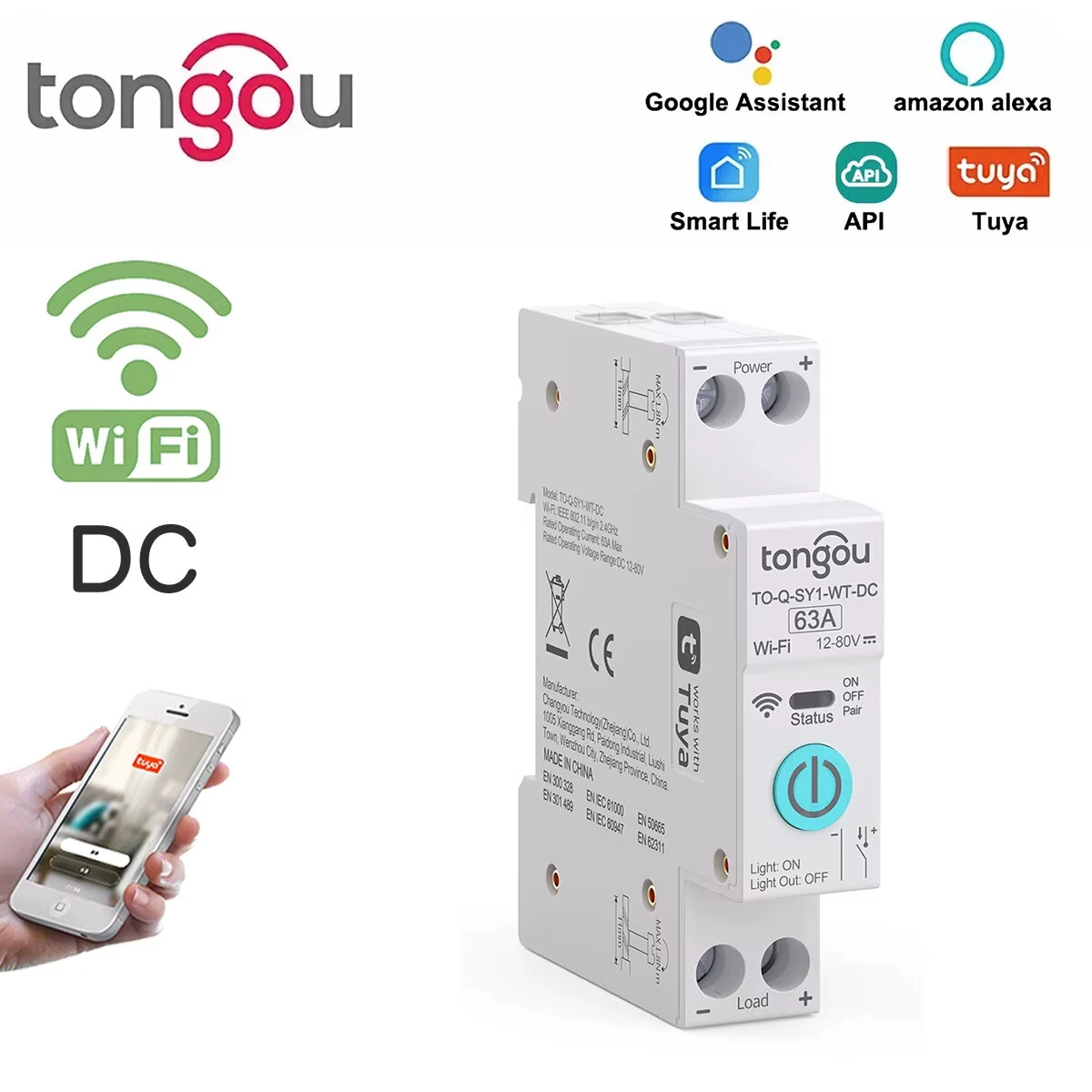 Tongou Tuya DC WIFI Smart Circuit Breaker 1P 63A DIN Rail for Smart Home Wireless Remote Control Switch Voice Control with Alexa Google Assistant — view 3