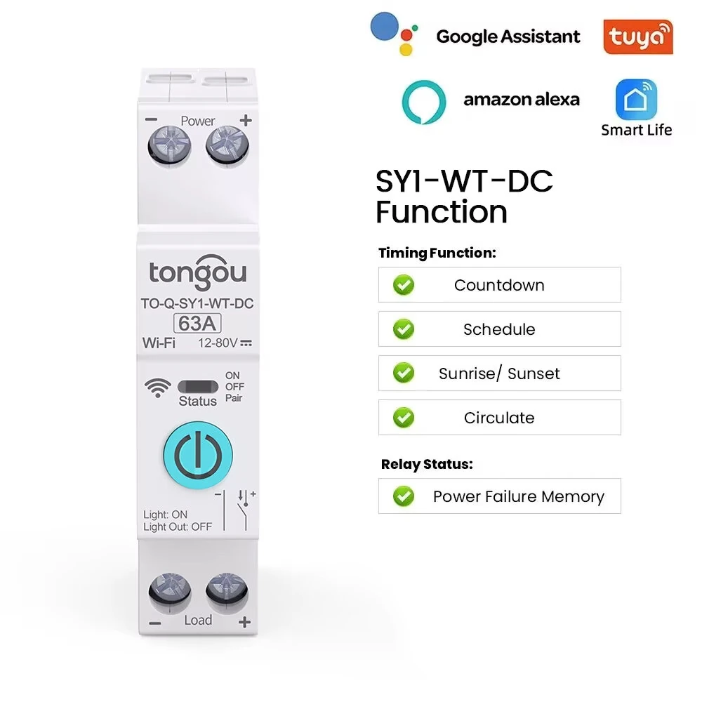 Tongou Tuya DC WIFI Smart Circuit Breaker 1P 63A DIN Rail for Smart Home Wireless Remote Control Switch Voice Control with Alexa Google Assistant — view 4