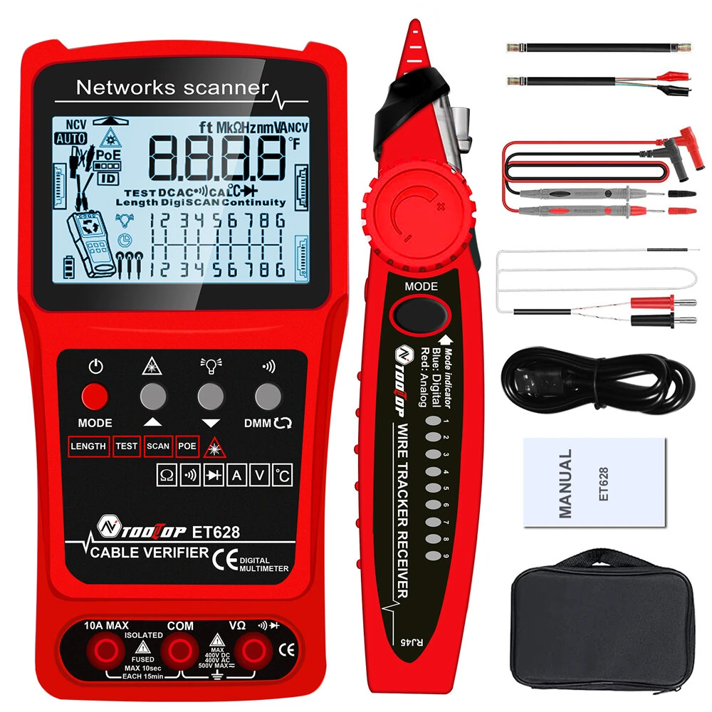 TOOLTOP 3 in 1 Network Cable Tester + Multimeter + Red Light Pen 600M Network Cable Length Measure AC DC Current Voltage Measurement Anti-noise Line Tracker With Bag — AV TOOLTOP