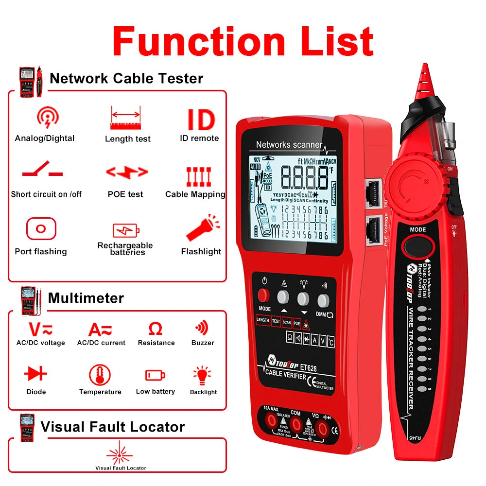 TOOLTOP 3 in 1 Network Cable Tester + Multimeter + Red Light Pen 600M Network Cable Length Measure AC DC Current Voltage Measurement Anti-noise Line Tracker With Bag — view 3