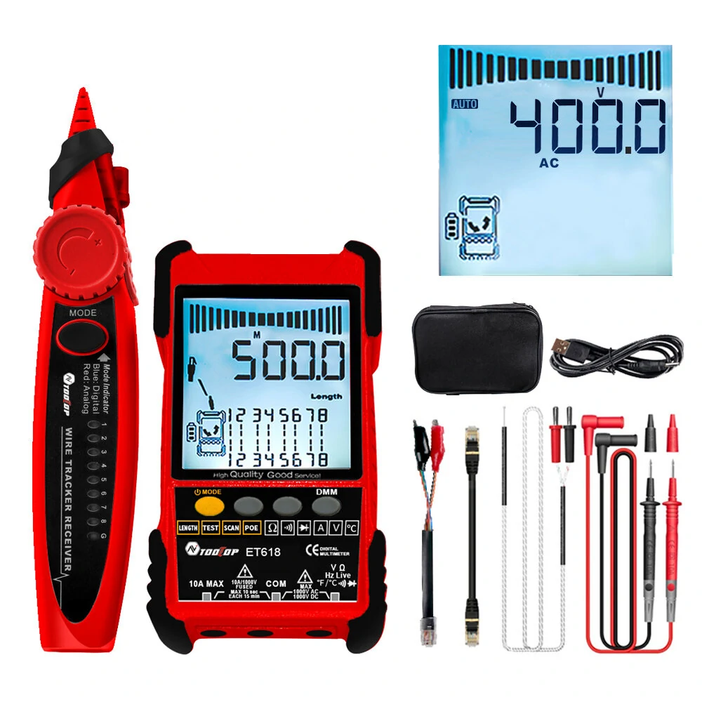 TOOLTOP Large LCD Screen Network Cable Tester + Multimeter 2 in 1 400M/500M Network Cable Length Measure AC DC Current Voltage Measurement Anti-noise Line Tracker ET616 ET618 — AV TOOLTOP