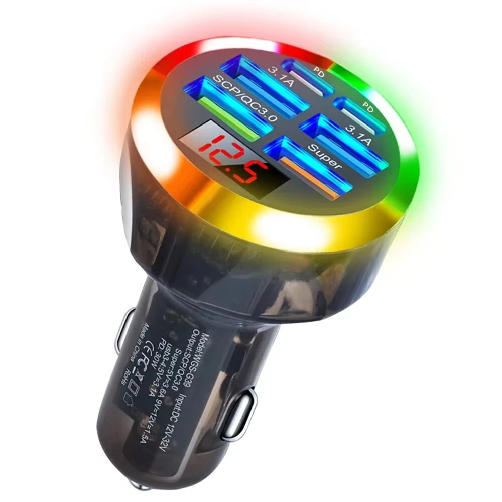 Transparent Car Charger 200W 6 Port USB QC3.0 PD Super Fast Charging Voltage Display LED Light for iOS Galaxy Devices 12V 24V