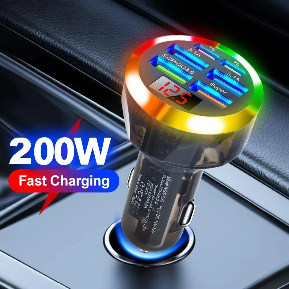 Transparent Car Charger 200W 6 Port USB QC3.0 PD Super Fast Charging Voltage Display LED Light for iOS Galaxy Devices 12V 24V — view 3