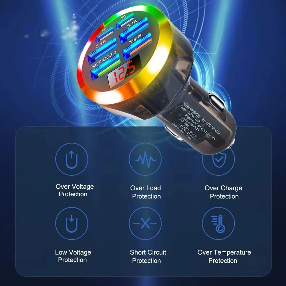 Transparent Car Charger 200W 6 Port USB QC3.0 PD Super Fast Charging Voltage Display LED Light for iOS Galaxy Devices 12V 24V — view 7