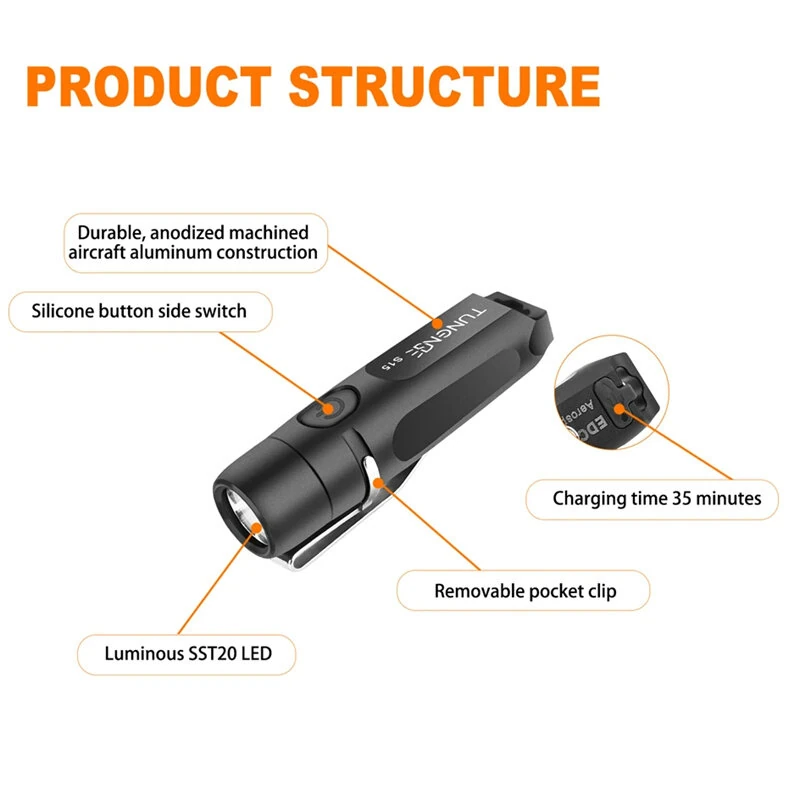 TUNENGE S15 650LM Mini Porable LED Keychain Flashlight USB Rechargeable Pocket Light Waterproof Emergency Outdoor Camping Fishing Lighting — view 10