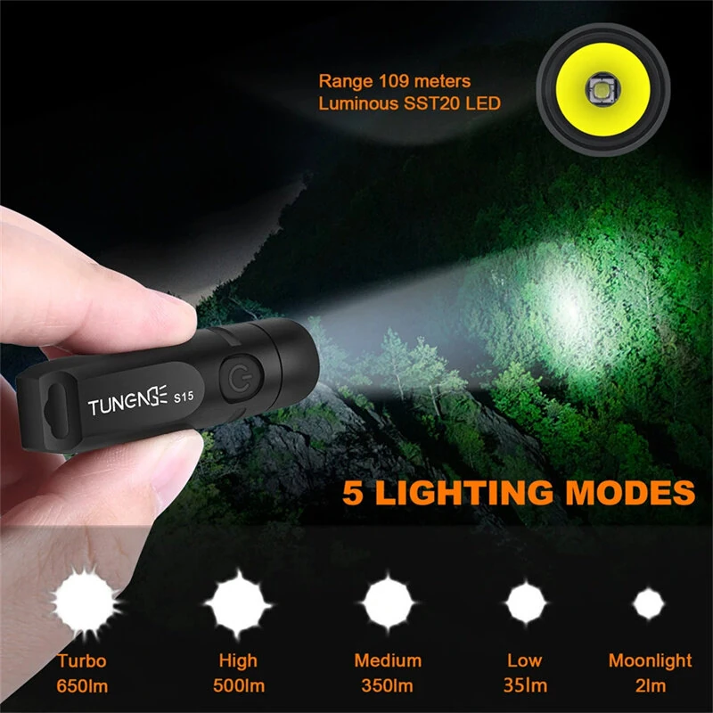 TUNENGE S15 650LM Mini Porable LED Keychain Flashlight USB Rechargeable Pocket Light Waterproof Emergency Outdoor Camping Fishing Lighting — view 3