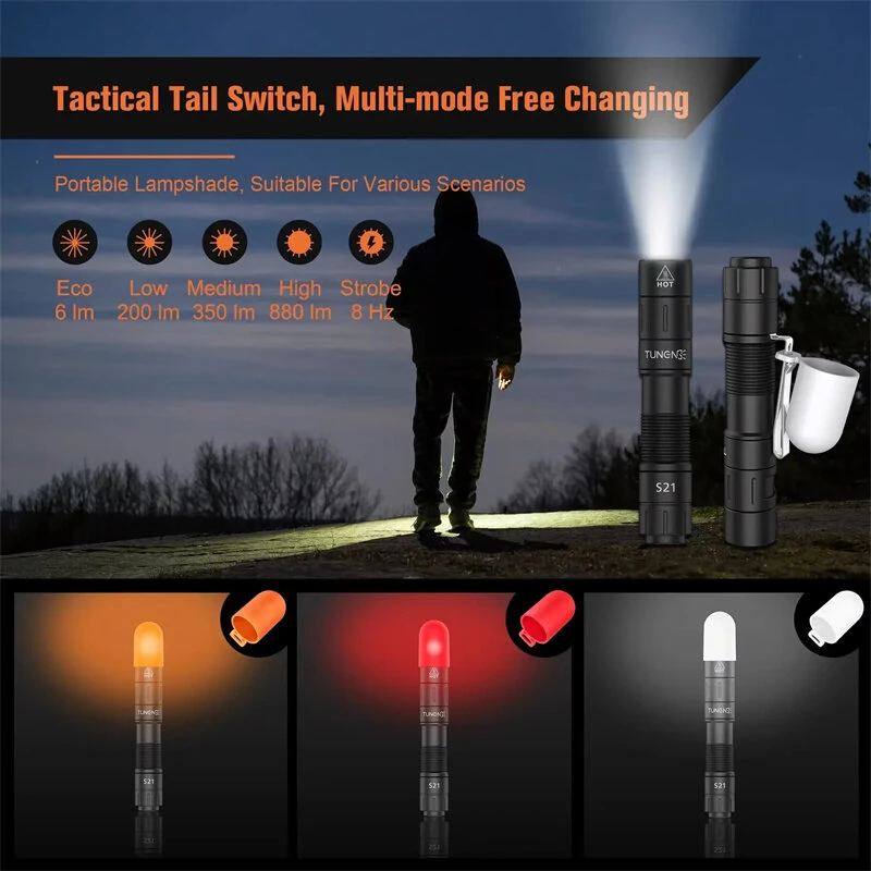 TUNENGE S21 880LM 200M Mini Clip Flashlight with Battery & Diffuser Magenetic Tail Rechargeable Tacitical Switch Pen-shape LED Torch 14500/AA Battery EDC Flashlight for Hiking Camping Outdoor Emergency — view 7