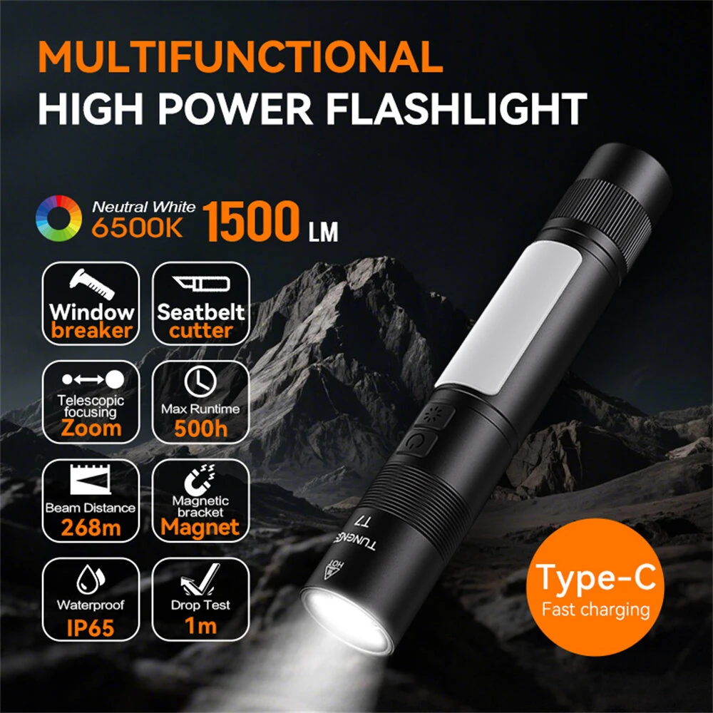 TUNENGE T7 Multifunctional 1500 Lumen Rechargeable LED Flashlight with Side Light Adjustable Camping Stand for Outdoor Adventures Camping Riding LED Torch Work Light — view 3