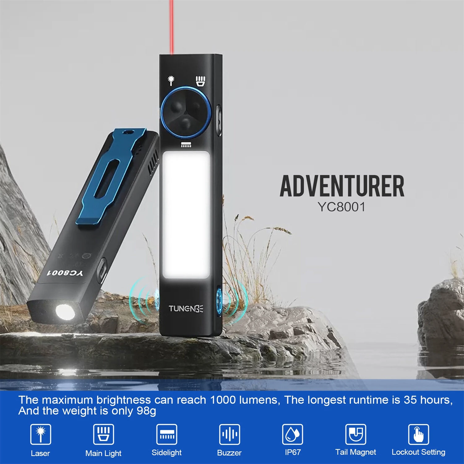 TUNENGE YC8001 800LM Flat LED Flashlight Type-C Rechargeable EDC Torch with Tail Magnet IP67 Waterproof Built-in1000Mah Battery Lantern — view 10